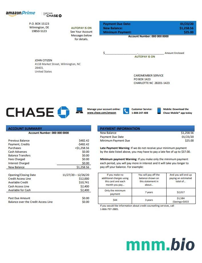 Szablon wyciągu z karty USA Chase bank Mastercard w programie Word i PDF